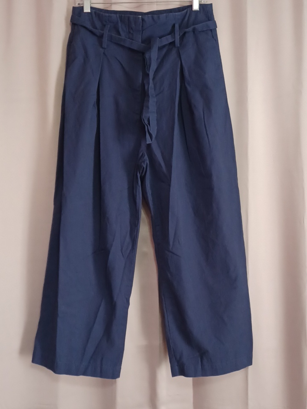 H&M Navy Wide-Leg Trousers High Waisted Sz 10 Pleated Front Pockets 100% Cotton